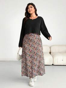 SHEIN Essnce Plus Size Women Solid Color Crew Neck Long Sleeve T-Shirt And Ditsy Floral Dress Casual 2-Piece Set - Multicolor - View 2