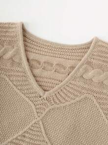 SHEIN New Women's V-Neck Pullover Sweater For Fall & Winter. Crafted With Three-Dimensional Patterns And Relaxed Drop Shoulders, This Khaki Knit Top Is Versatile - Camel - View 7