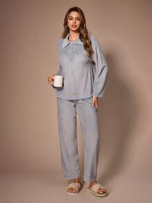 Lazeform Women's Plush Lapel Cardigan & Long Pants Loungewear Set - Grey - View 1