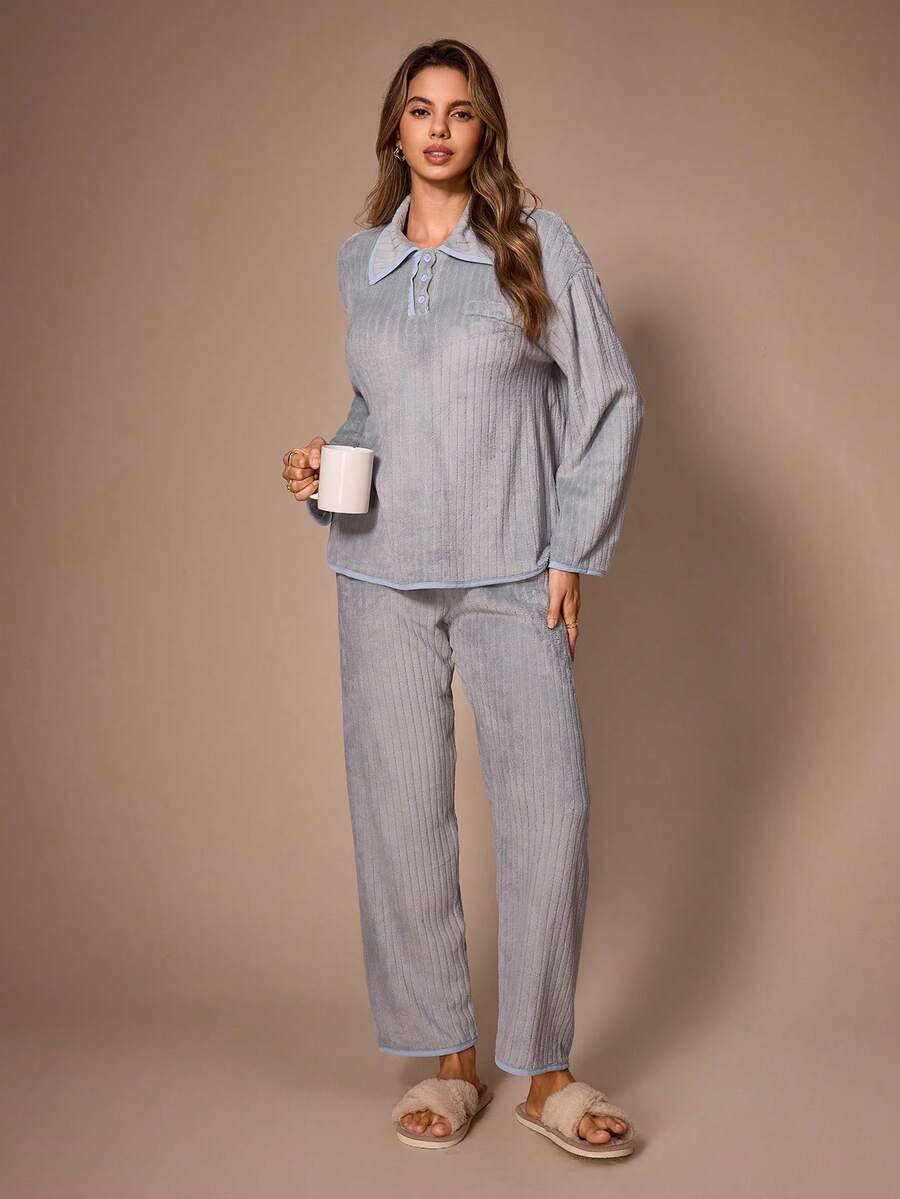 Lazeform Women's Plush Lapel Cardigan & Long Pants Loungewear Set - Grey - View 1