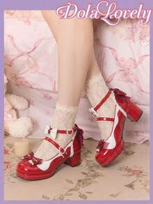 Dola Lovely 女款厚底高跟鞋 圓頭瑪麗珍鞋 蝴蝶結 Lolita 風格 扣帶甜美日系 JK 制服鞋 - -紅色- - 查看 3