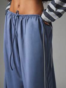 MISSGUIDED Wide Leg Hip Hop Pants Contrast Piping Detail Elastic Drawstring Waist Full Length Flowy Summer Spring Workout Blue And White Striped - Blue - View 3