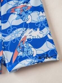 SHEIN X The Smurfs Young Boy Cartoon Print Round Neck Short Sleeve Top And Shorts 2-Piece Swimsuit Set, Suitable For Summer Vacation - Blue - View 6