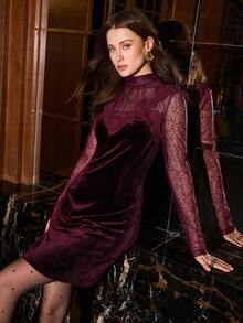 MOTF PREMIUM FASHIONABLE ELEGANT SEXY HIGH NECK SEMI-SHEER LACE WAIST-CINCHING SLIMMING EMBROIDERED LACE TRIM SHORT DRESS - Red Violet - View 4
