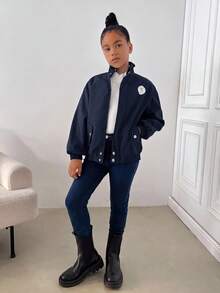 SHEIN 青少年女孩时尚印花宽松立领拉链长袖保暖内衬夹克，带口袋，秋冬外套，休闲日常穿着 - 寶藍色 - 查看 3