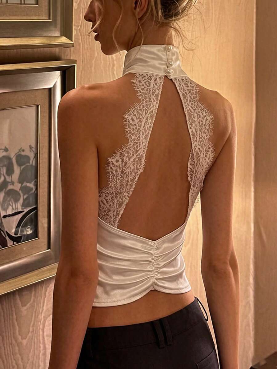 Glamine Charm White Satin High Neck Halter Tank Top,With Eyelash Lace Spliced Open Back For Birthday Party - White - View 1