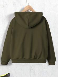SHEIN Vacaura 青少年男孩連帽拉鍊休閒百搭日常穿著長袖運動衫 - 軍綠色 - 查看 2