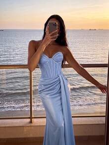 Aloruh Elegant Lace Patchwork Satin Bandeau Maxi Dress,See-Through Bust,Ruched Waist,Fishtail Hem,Formal Gala,Wedding,Birthday Party & Graduation Gown Fall - Blue - View 2