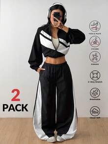 Coolane Women's Fall/Winter Streetwear Sport Going Out Striped Long Sleeve Zip-Up Jacket And Pants Black And White Sports Set - Black - View 1