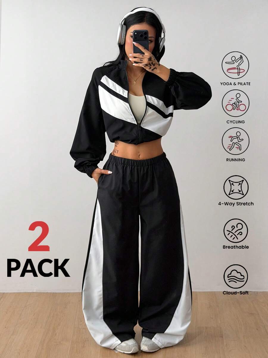 Coolane Women's Fall/Winter Streetwear Sport Going Out Striped Long Sleeve Zip-Up Jacket And Pants Black And White Sports Set - Black - View 1