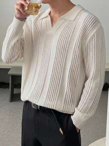DAZY Spring/Autumn Polo Collar Semi-Hollow Jacquard Knit Top - White - View 3