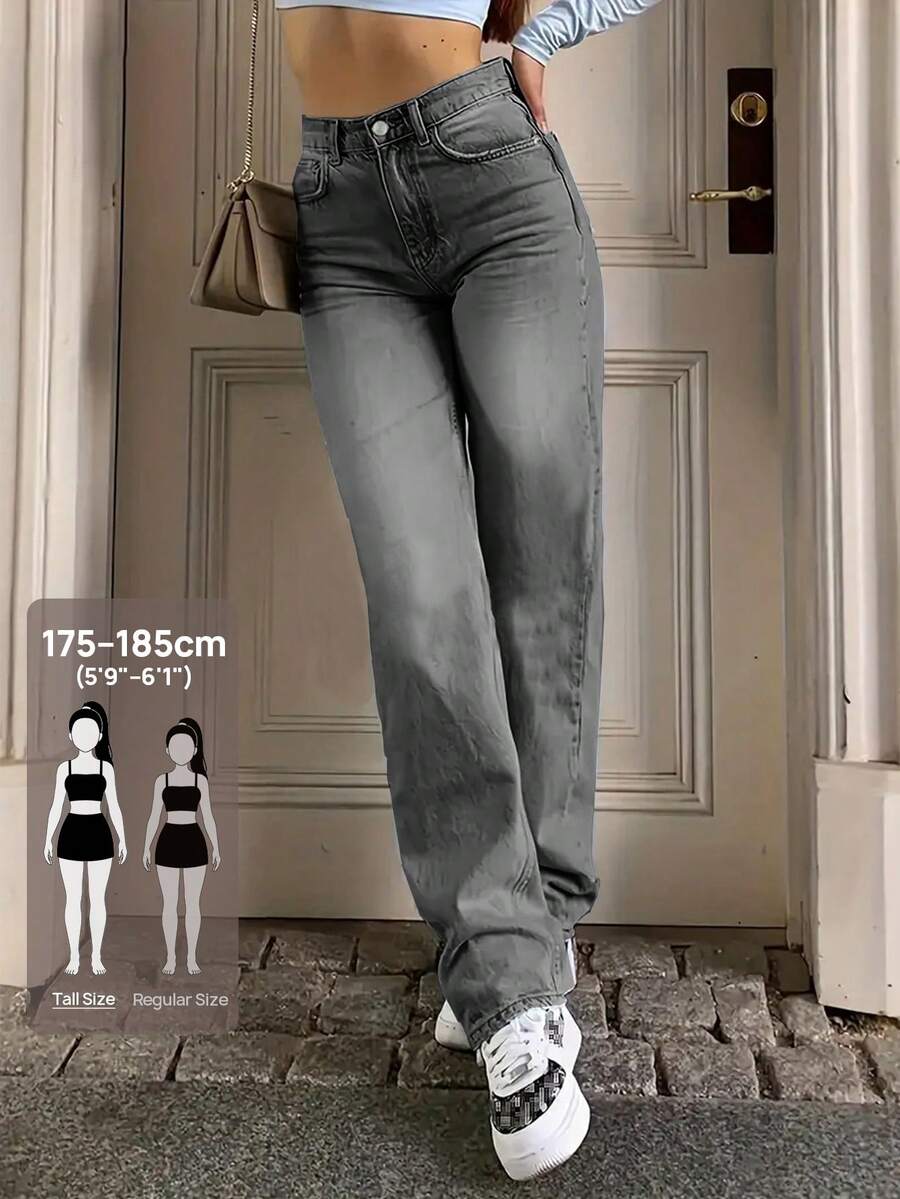 SHEIN Tall Women's Fashion Versatile Button Pocket Straight Leg Jeans For Daily Wear - Black - View 1