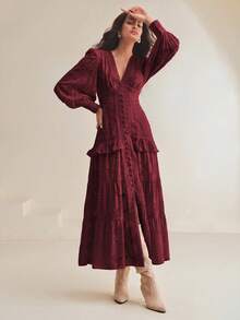 Anewsta V-Neck Puff Sleeve Cinched Waist Elegant Dress Maxi Women Outfit - Burgundy - View 7