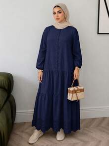 Solavon Plus Size Women Solid Color Pleated Casual Daily Summer Dress - Navy Blue - View 1