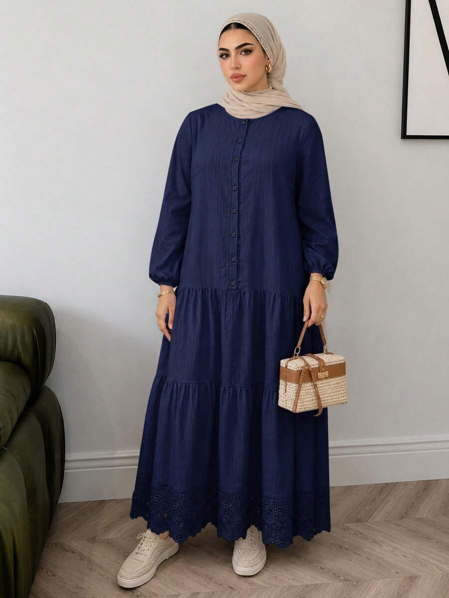 Solavon Plus Size Women Solid Color Pleated Casual Daily Summer Dress - Navy Blue - View 1
