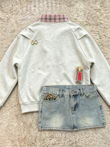 IslaSuriya Sweet Cool Colorblock Pink Plaid Patchwork Grey Sweatshirt - Grey - View 2