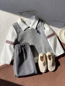3pcs/Set Baby Boy Autumn/Winter Preppy Casual Vest Shirt Pants Set, 3 Pieces Outfit, Infant Outfit, Jacket Set, Shirt Set - Multicolor - View 5