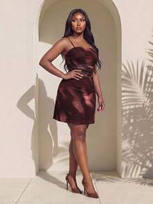 Truni Sometimesglam 大尺碼女款長袖彈性迷你洋裝，巧克力棕印花風格，性感商務休閒，適合夜晚外出派對夏季穿著 - 酒紅色 - 查看 5