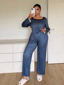 Dream Adore Plus Size Casual Polka Dot Set, Square Neck Lace Patchwork Trim, Ruffle Hem Long Sleeve Long Pants Loungewear, Comfortable Home Sleepwear Set - Dark Grey - View 1
