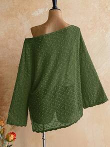 Soleia Long Sleeve Asymmetrical Neck Knit Jacquard Loose Fit Slit Top - Dark Green - View 2