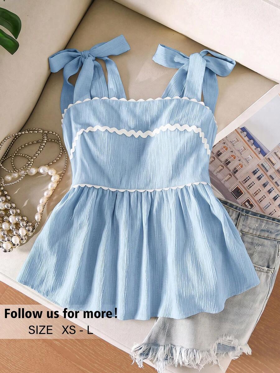 Story & Sage Casual Cute Romantic Home Vacation Women's Tank Top Spring Summer Fitted Contrast Color Ribbon Tie Bow Blue And White Stripe Skirt Hem Tank Top - Baby Blue - View 1