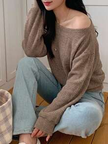 DAZY 女款純色不對稱肩休閒百搭日常長袖T恤 - 灰色 - 查看 4