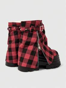 ROMWE Grunge Punk 女款踝靴與短靴 暗黑搖滾龐克哥德風 繫帶格紋騎士靴 楔形跟厚底機車靴 戶外登山靴 - 三層底黑格子皮帶扣 - 查看 3