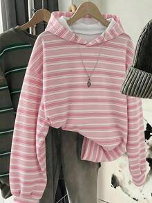 SHEIN 青少年女孩休閒街頭風粉色條紋校園日常厚款復古美式連帽運動衛衣，可愛秋季款 - 粉色 - 查看 2