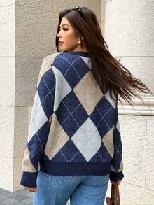 Easura Sweater Lengan Panjang Kerah Bulat Motif Argyle Vintage Ukuran Besar, Gaya Preppy - MultiWarna - View 2