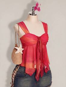 SHEIN ICON 度假休閒漸層印花不對稱下擺背心 - 玫紅色 - 查看 3