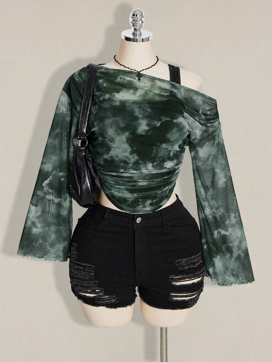SHEIN ICON Plus Size Women's Black Pattern Casual Y2k Country 2000s Grunge Versatile 2 In 1 T-Shirt Concert Date Night Rave Concert Rave Autumn - Black - View 1
