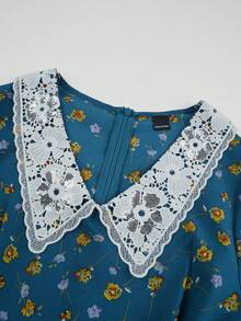 Mulvari 女式优雅碎花撞色系带腰长喇叭袖朴素连衣裙，春夏 - 藍色 - 查看 10