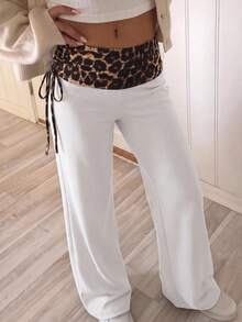 Tween Girls Tween Girl Pants Street Style Versatile Vintage Side Drawstring Y2K Patchwork Leopard Print Flare Leg Pants - White - View 2