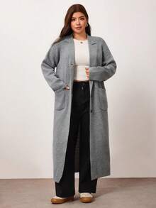 Enliva Plus Size Women Solid Color Lapel NeckLong Sleeve Long Loose Knit Cardigan Winter - Grey - View 5