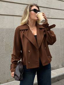 Auralis Plus Size Streetwear Minimalist Button Long Sleeve Lapel Trench Coat Fall - Rust Brown - View 4