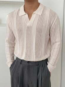DAZY Spring/Autumn Polo Collar Semi-Hollow Jacquard Knit Top - White - View 4