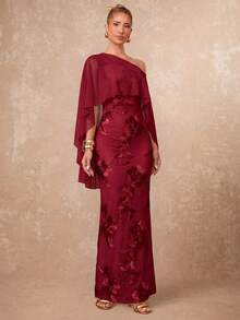 Lumalex Gaun Jala Cokelat Tanpa Lengan dengan Bahu Asimetris dan Aplikasi Bunga 3D - Burgundy - View 14