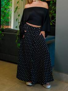 Bela Noronha Elegant Commuter Polka Dot Print High-Waisted Slimming A-Line Skirt Black - Black - View 4