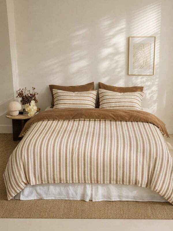Cirelle 2/3pcs Brown Striped Duvet Cover, Soft Brushed Microfiber Polyester Reversible Bedding Set, Vintage Brown And Cream Thin Striped Comforter Cover With 1/2 Pillow Shams (No Insert)