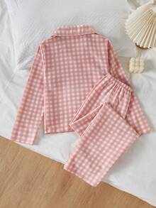 School Girl Pajamas, Pink Classic Plaid Print Long Pants And Long Sleeve Button-Up Top, Casual 2 Pieces Loungewear Set For Tween Girls - Pink - View 2