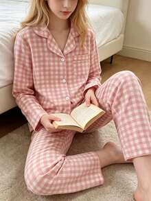 School Girl Pajamas, Pink Classic Plaid Print Long Pants And Long Sleeve Button-Up Top, Casual 2 Pieces Loungewear Set For Tween Girls - Pink - View 3