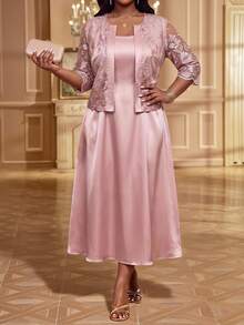 Fleurora Elegant Plus-Size Two Pieces Set: Jacquard Open-Front Cardigan With Mid-Length Sleeves And Matching Dress Birthday Dress Pink Dress Date Night Dress - Dusty Pink - View 6