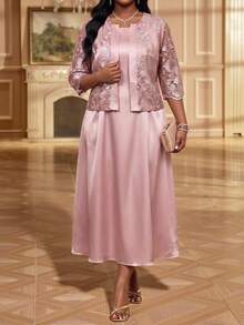 Fleurora Elegant Plus-Size Two Pieces Set: Jacquard Open-Front Cardigan With Mid-Length Sleeves And Matching Dress Birthday Dress Pink Dress Date Night Dress - Dusty Pink - View 7