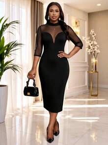 SHEIN Lady Vestido de fiesta, cóctel y noche formal elegante y sexy con patchwork de malla, cintura ceñida y curvas para mujer de talla grande, negro, otoño - Negro - Ver 6