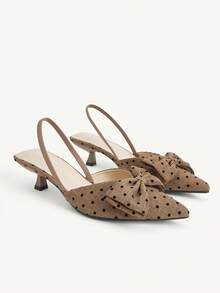 CUCCOO CHICEST 女款尖頭小貓跟蝴蝶結純色腳踝綁帶鞋，優雅日常穿著，適合戶外購物、派對、婚禮新娘鞋 - 咖啡棕波點 - 查看 2