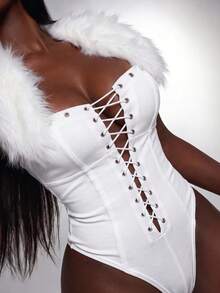 Amplova Faux Fur Collar High Elasticity Color Block Bodycon Bodycon Waist-Cinching Eyelet Ultra Short Mini Women's Bodysuit - White - View 1