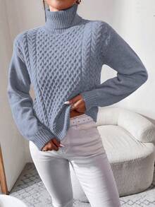 EURMUSE Turtleneck Cable Knit Sweater - Blue - View 3