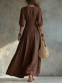 Glimmora Women's Fashion Solid Color Deep V-Neck Single-Breasted 3/4 Sleeve Long Dress - Coffee Brown - View 2