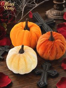Muroi Mono 3/6/10pcs Velvet Flocked Artificial Pumpkin Decoration, Realistic Fake Pumpkin Model Prop, Fall Harvest Decorative Ornament, Ideal For Halloween Party Home Table Shelf Tiered Tray Display - multicolor - View 5