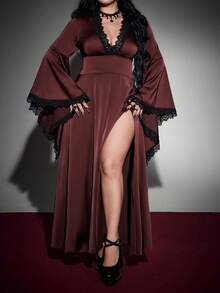 Whyspr Gaun Gothic Halloween Seksi Ukuran Plus, Cokelat Tua Berenda dengan Leher V Dalam dan Lengan Lonceng, Cocok untuk Pesta Malam Musim Gugur. - Rust Brown - View 2